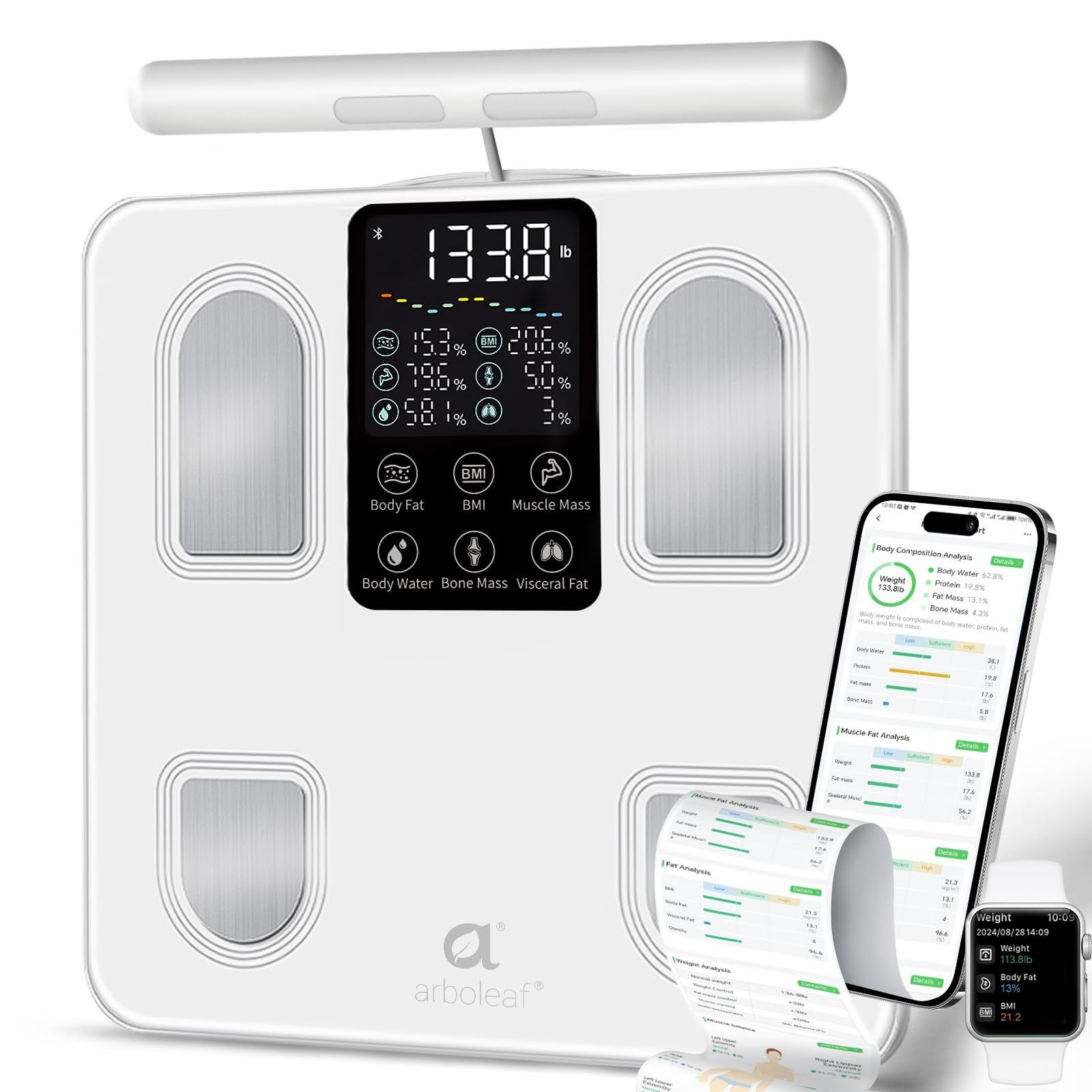 arboleafScale for Body Weight, Smart Scale with BMI, Body Fat, Muscle Mass, 26 Metrics Full Body Composition Analyzer, 8-Electrode High Precision Digital Bathroom Scale, Bluetooth Sync, White
