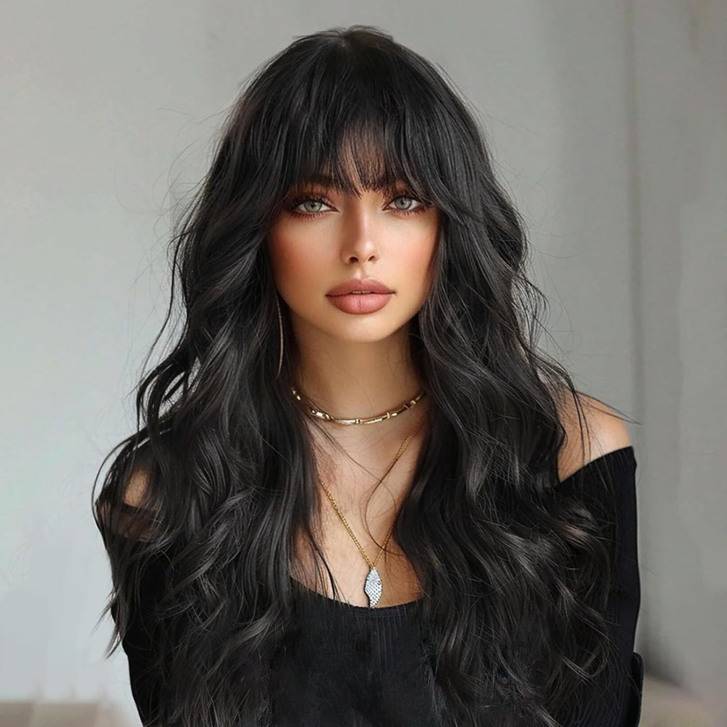 Amazon.com : Nuxovin Long Black Wigs Human Hair with Bangs 