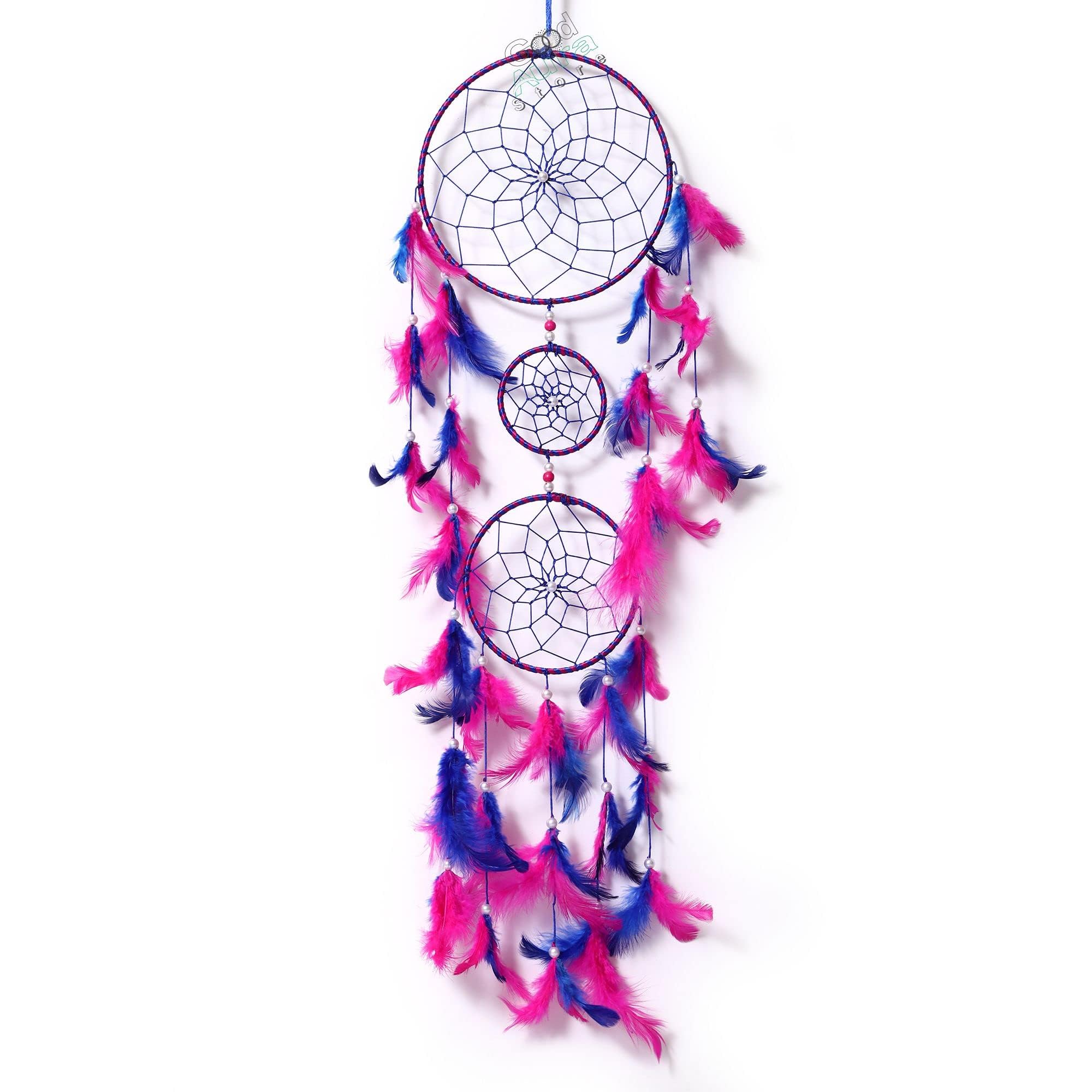 Good Aura Store Dream Catchers with Light Feather Wall Hangings for Kids Room, Bedroom, Livingroom, Balcony, Cafe Decorations, Gift Items, Home Decor (Pack of 1, 19L X 84Hcm, Pink & Blue)