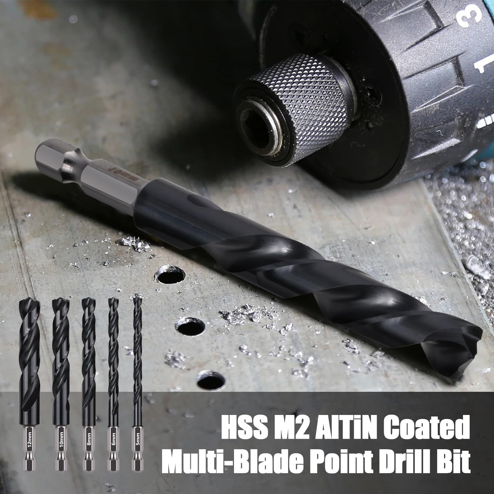 Vearter 5PCS Drill Bit Sets 5/6/8/10/12mm, HSS M2 Metal Drill Bits with Hex Shank Quick Change - Image 2