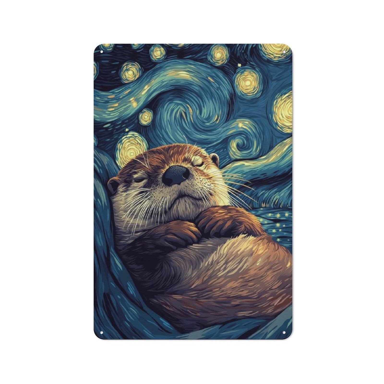 Junmoney Style-11 Tin Wall Plaque 30X20cm With Otter Starry Night For Garage Wall, With Clear Vintage Wall Decor Character