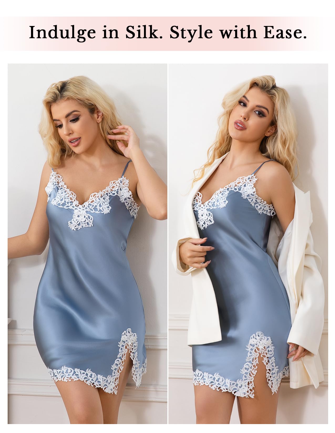 THXSILK Damen-Nachthemd aus 100 % Maulbeerseide, Spitze, sexy Dessous, kurze Nachtwäsche, sexy V-Ausschnitt, Negligee, Dessous, kurze Nachtwäsche