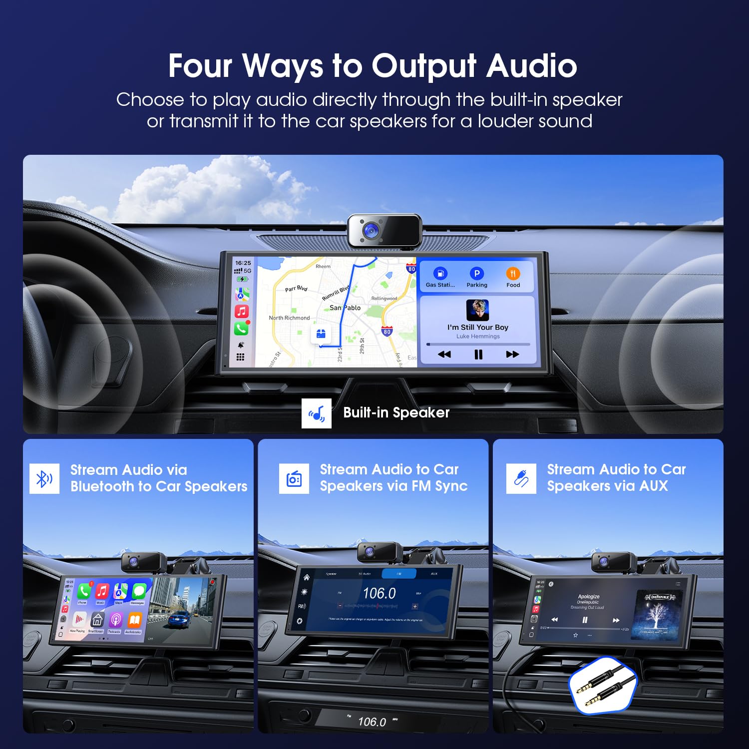 Avylet 10, 26" Carplay Auto con Schermo da 60 FPS, Android Auto con 3 Telecamere (Front Dash Cam, Rear, Internal), CarPlay Portatile con Navigazione OTA/GPS/Mirror Link/Controllo Vocale/Bluetooth/AUX