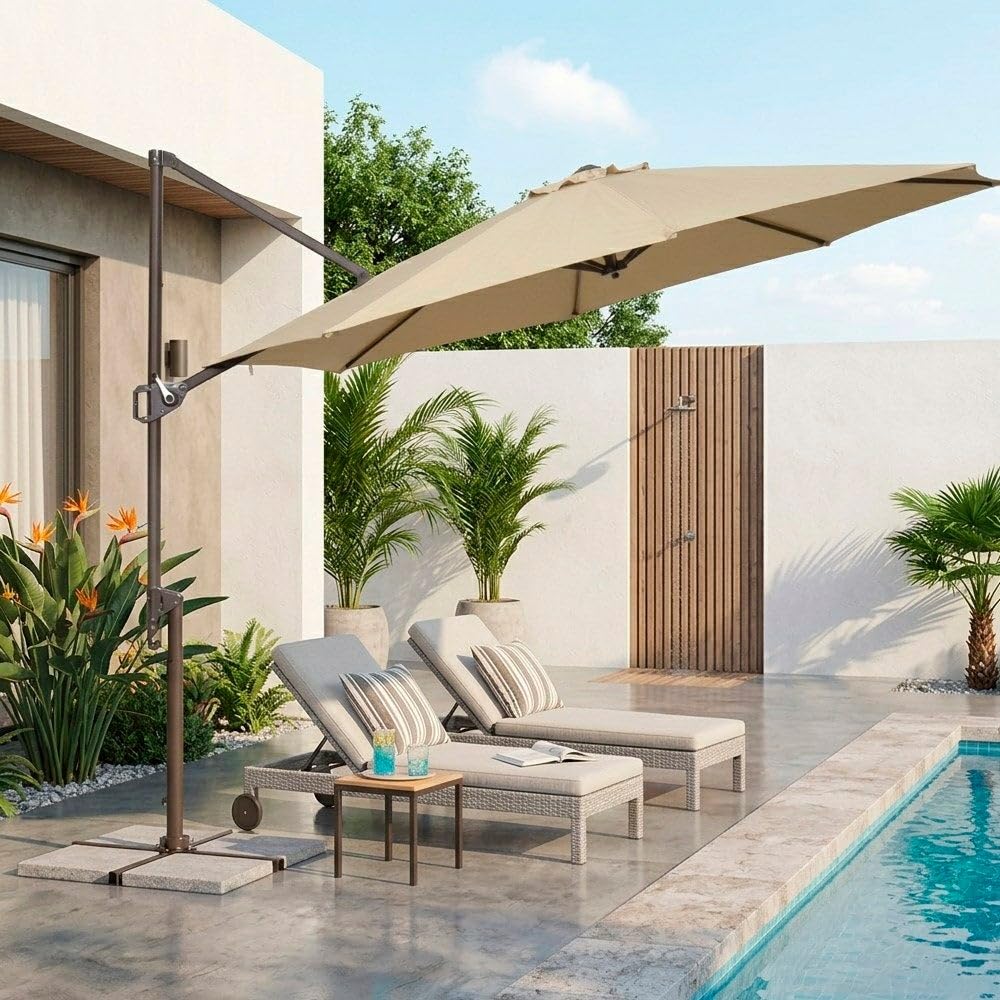 MONTY Parasol excéntrico alta RESISTENCIA, de Ø300 cm, Beige, mástil Ø48mm de Acero Marrón Topo, con Antiviento, Manivela y barra Estabilizadora, Elegante y Duradero, tratamiento Anti-corrosión