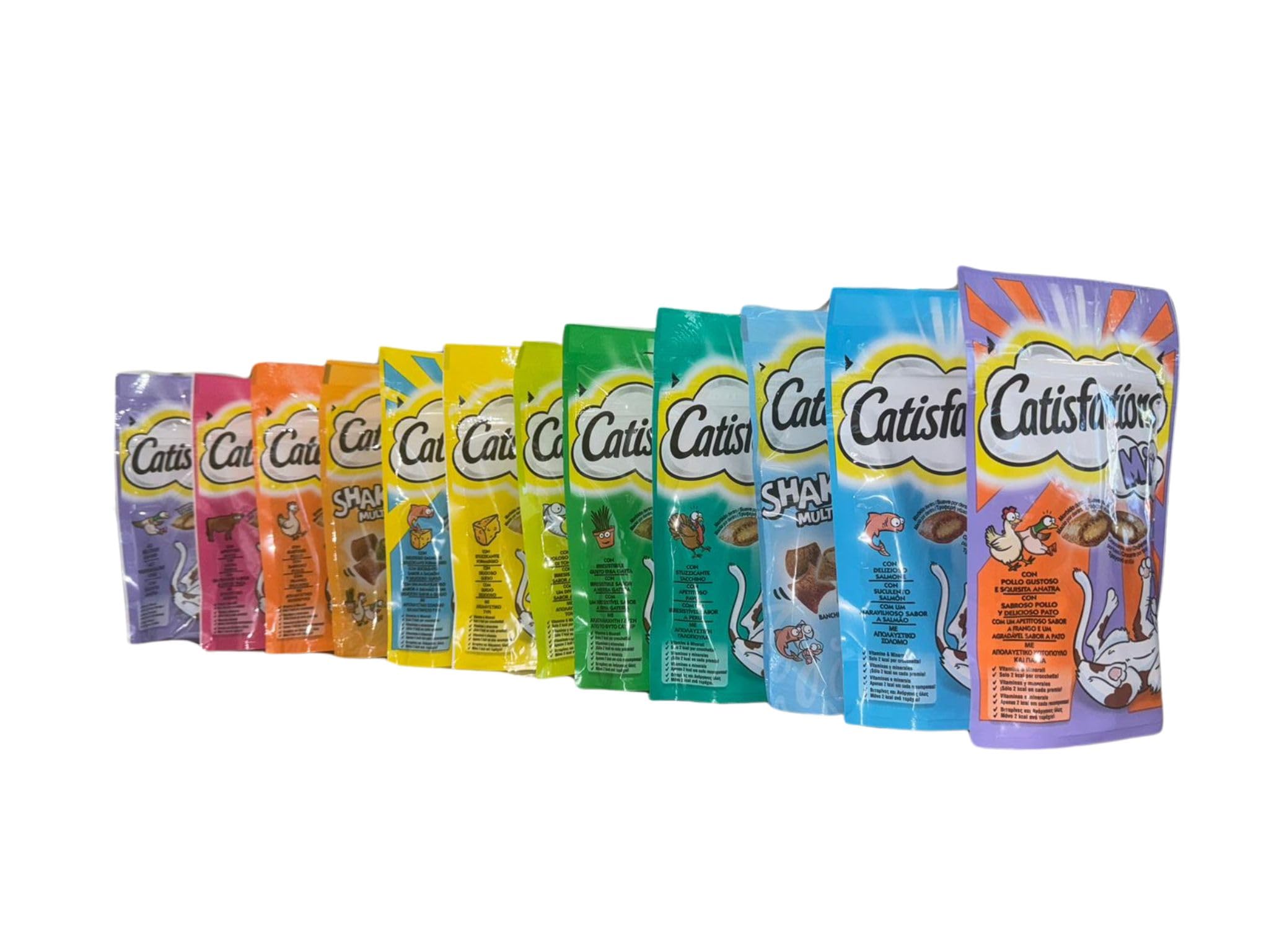 Snack pour chats adultes et chiots Catisfactions | 12 sachets de 60 grammes par goût assortis.