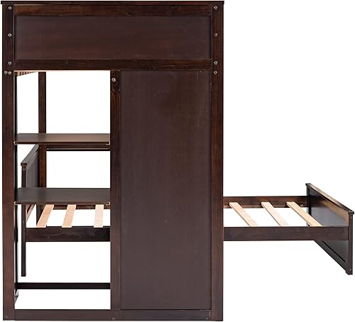 Miniatura 213 de Cama alta funcional tamaño individual con 2 cajones y 2 armarios, base de cama de madera maciza con barandilla de seguridad y escalera de