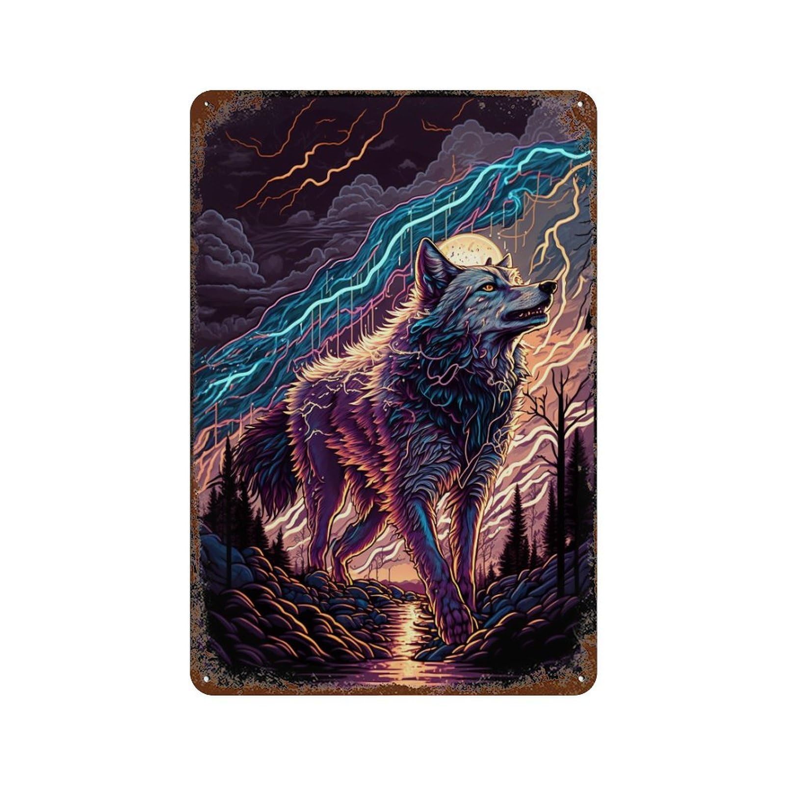 Electric Wolf in Stormy Night Decorative Tin Sign 11.8"x7.9", for Farmhouse, Kitchen And Entryway Decor, Vintage Wall Decor