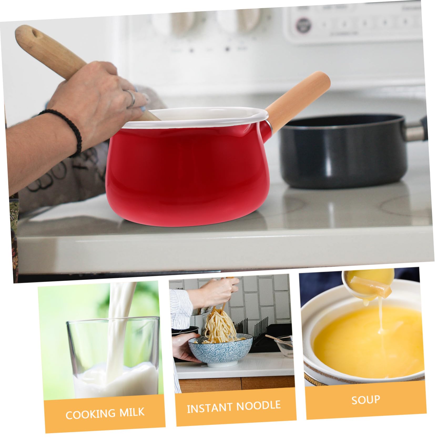 ULTECHNOVO Pentola Pentolino Antiaderente Piccola Smaltata Rossa Manico in Legno Facile da Pulire per Cucinare Latte e Zuppe in Cucina