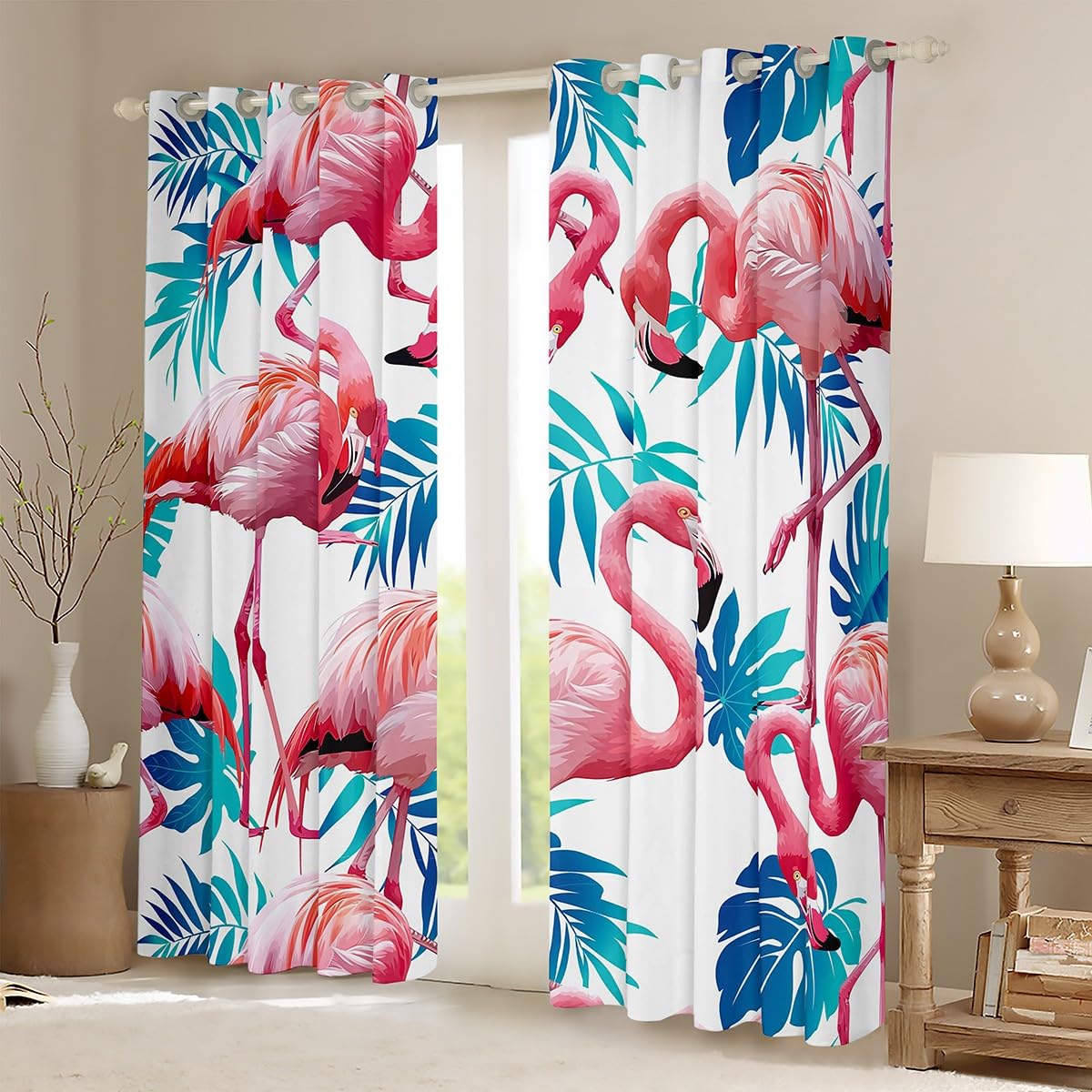 Castle Fairy Flamingo Window Curtains Tropical Palm Leaves Window Treatments Wild Birds Animal Window Drapes for Kids Hawaiian Theme Grommet Top 2 Panel Set Bedroom Curtains, 38Wx54L inch