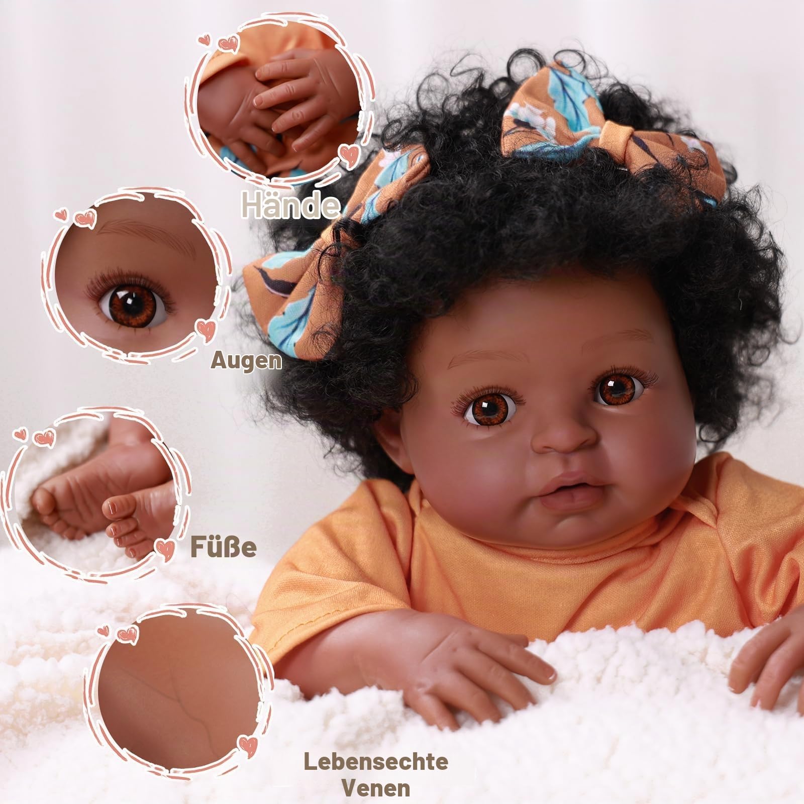 BABESIDE Reborn-Babypuppen Schwarz – 20 Zoll 50 cm Lebensechtes Reborn-Baby Mädchen mit Weichem StoffköRper, Realistisches Neugeborenes mit Kleidung und Accessoires für Kinder Ab 3 Jahren