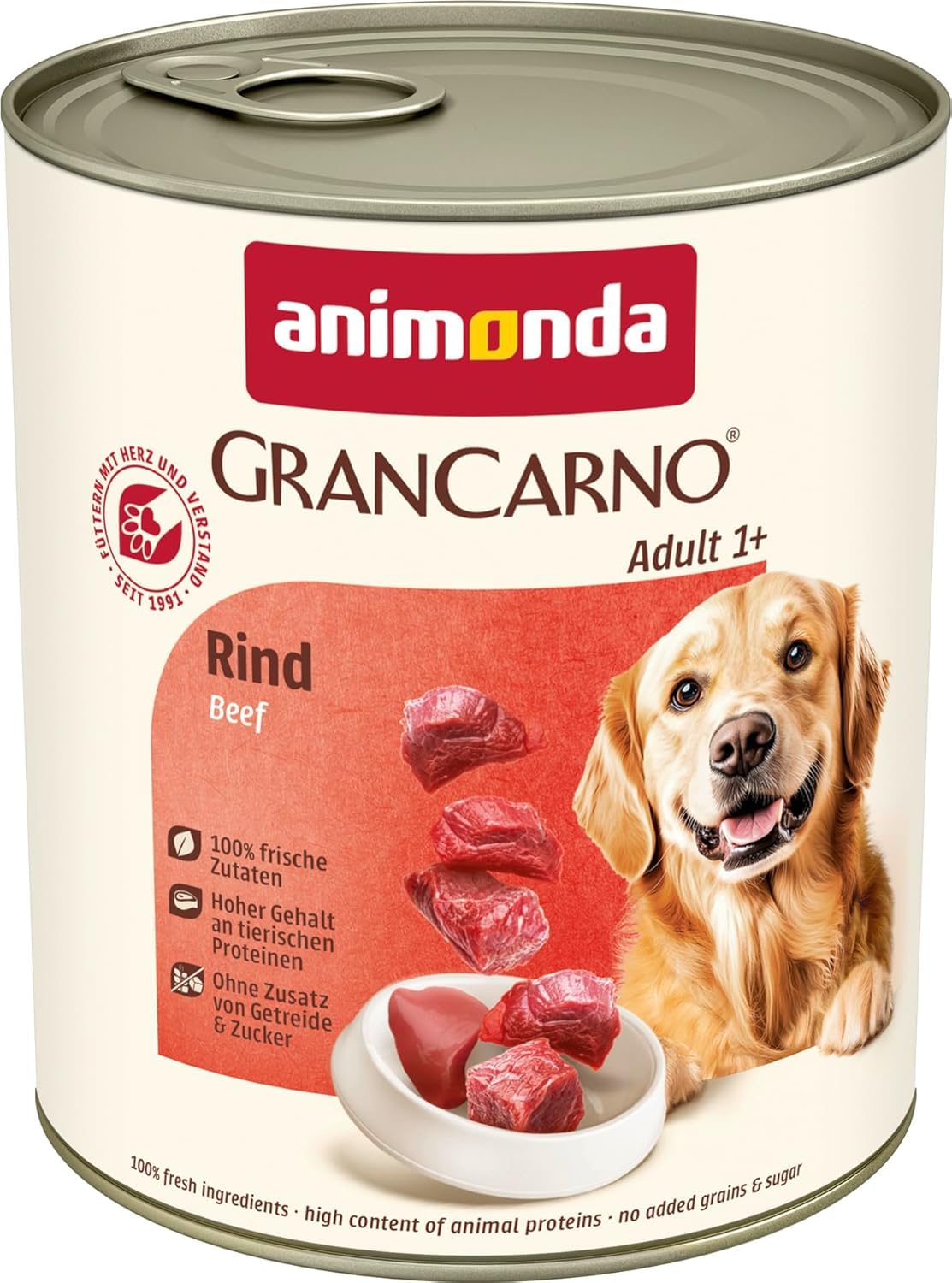 Animonda GranCarno Adult Rind (6 x 800 g), Comida húmeda para Perros Adultos, Comida húmeda para Perros con Ingredientes 100% Frescos y carnales, Comida para Perros sin Cereales Carne de vacuno 800 g (Paquete de 6)