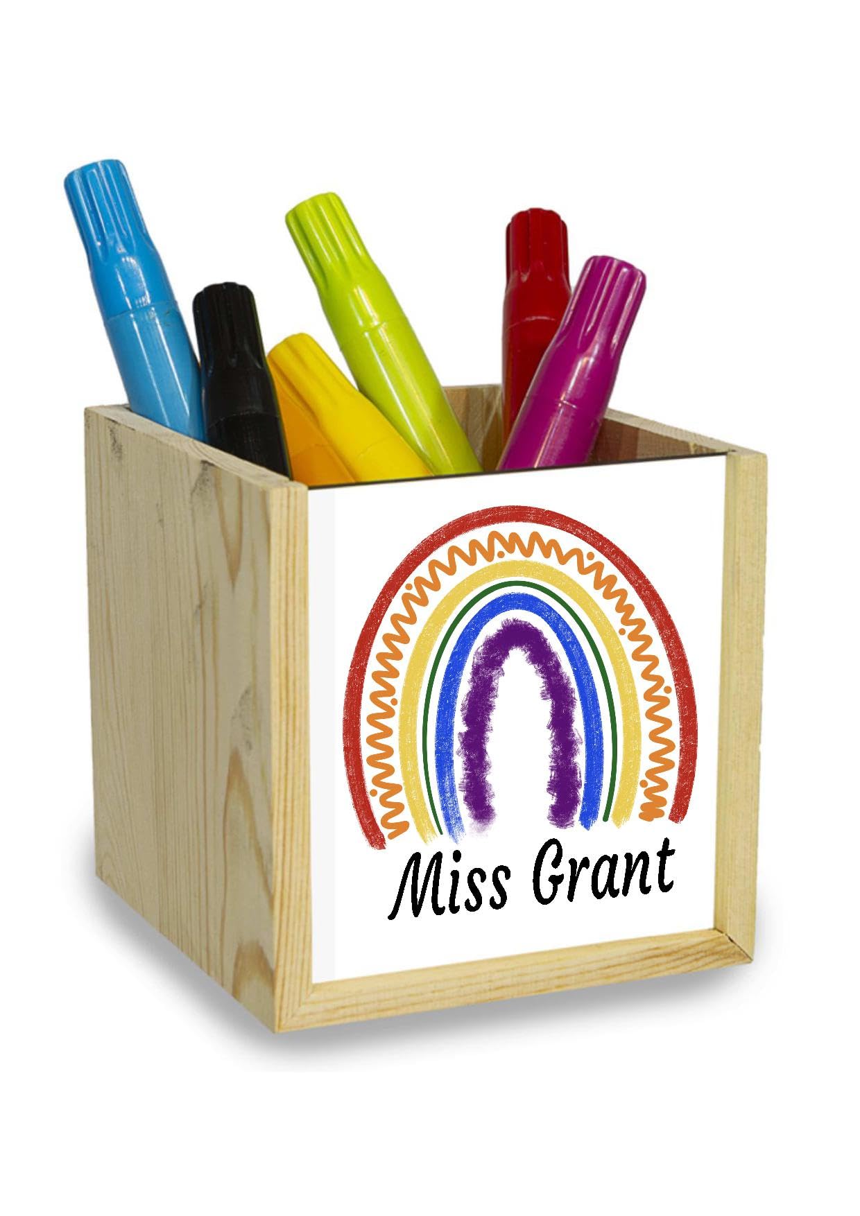 Tm Threads Natural Wood Personalised Wooden Teacher Pen Holder With Rainbow Design, Desk Organiser, Custom Name Gift,Thank You Present