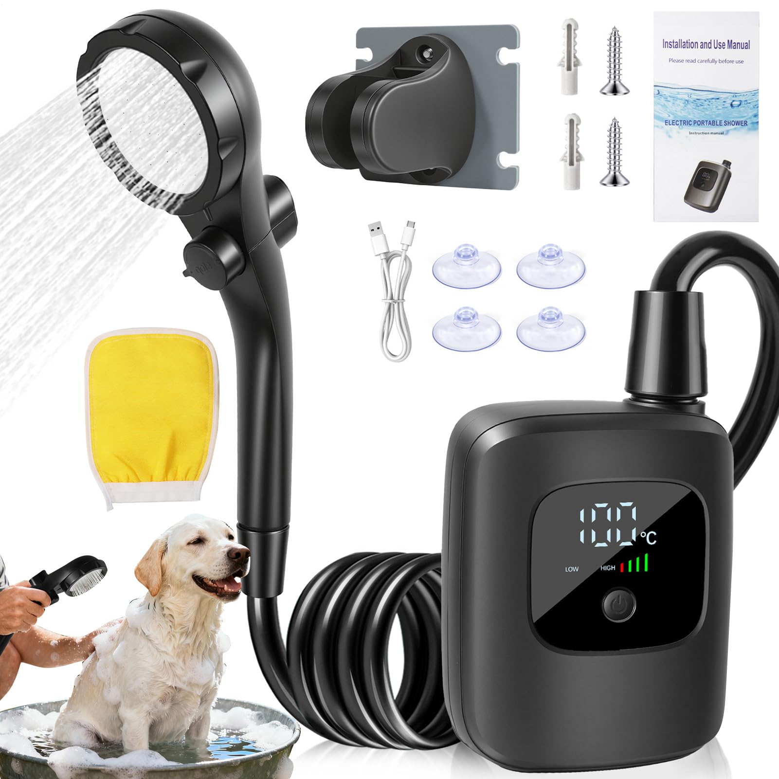 Ducha Portátil para Acampada 2400mAh para Suministros de Lavado de Coche | Ducha De Lavado Para Coche Y Acampada Para Playa Viajes Acampada Senderismo Pesca Jardinería Y Montañismo