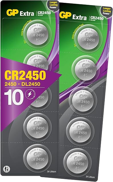 CR2450 Battery 3V Lithium Pack of 10 Batteries by GP Batteries Type CR2450 Cell Size Super Alkaline Extra Batteries ideal for: Toys/Radio's/Garden equipment