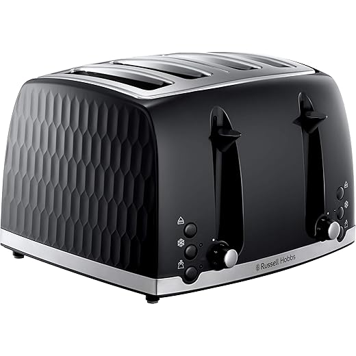 Russell Hobbs Honeycomb 4 Slice Toaster (Independent & Extra wide slots with high lift, 6 Browning levels, Frozen/Cancel/Reheat function, Removable crumb tray, 1500W, Black textured high gloss) 26071
