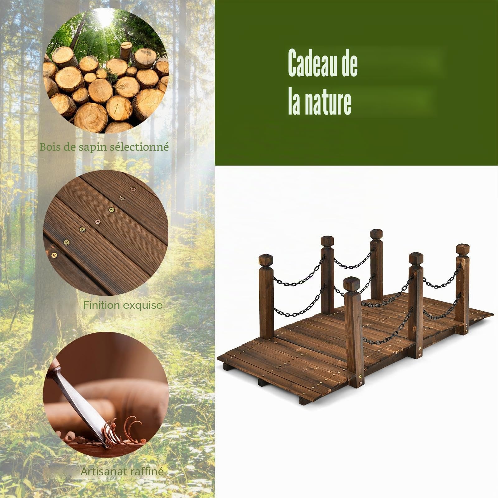SOARS Pont de Jardin en Bois de Sapin Carbonisé avec Balustrade à Chaînes, Pont Décoratif Robuste Charge 180 kg, 150 x 67 x 55 cm, Marron