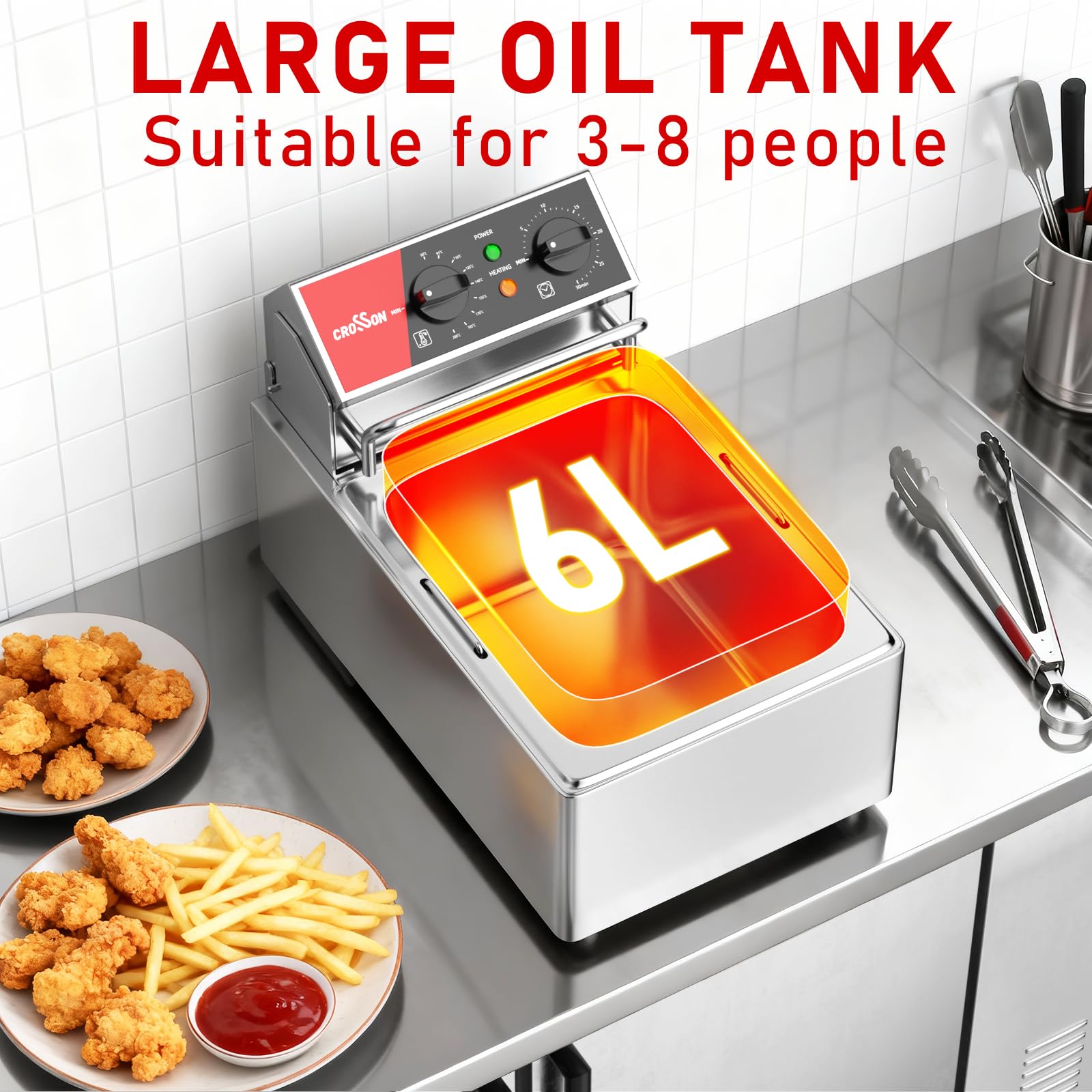 Comptoir de friteuse électrique CROSSON répertorié ETL 13Lbs avec panier solide facile à assembler, récipient d’huile amovible pour restaurant à usage domestique-230V, friteuse commerciale 3000W