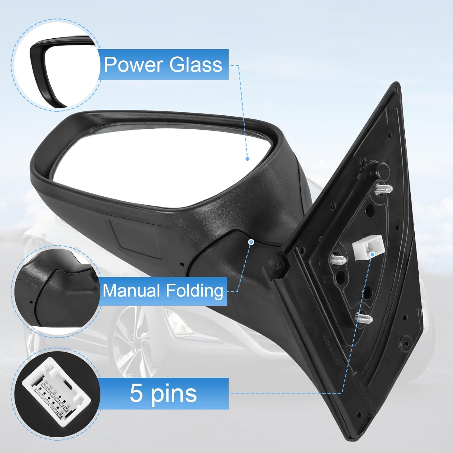 Door Mirror Left Driver Side Replacement For Hyundai Elantra 2011 2012 2013, Replace HY1320179, Black 5PINS