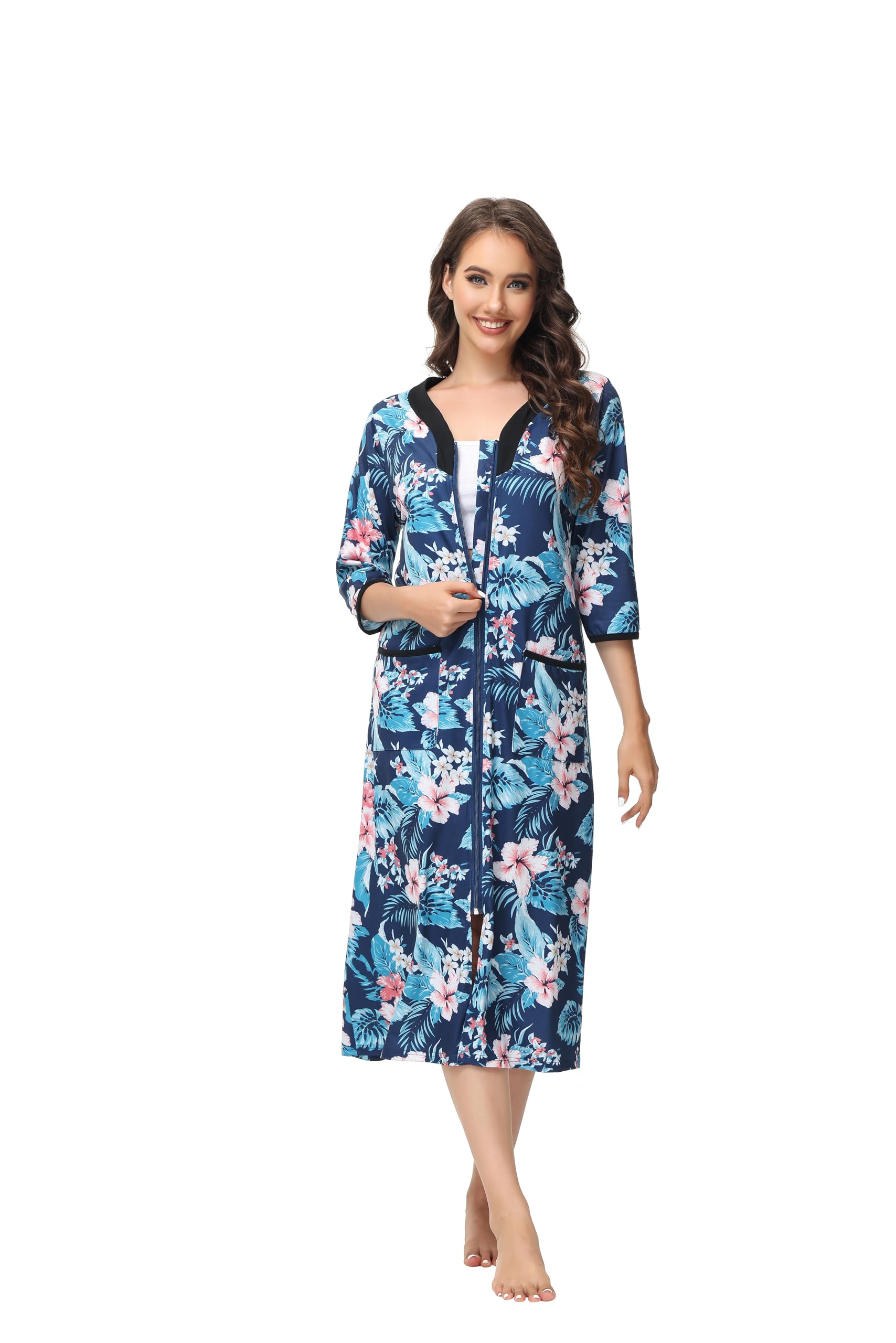 Citridarll Zip Up Robes for Women Maternity Bathrobe Lightweight Full Length Housecoat with Pockets Nightgown,Blue Leaf,M