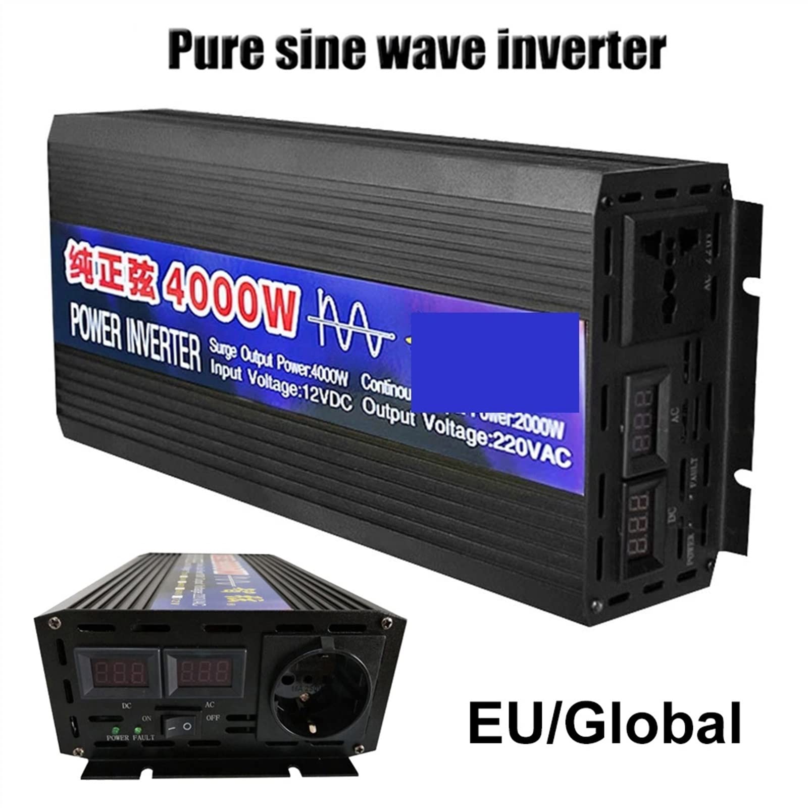 Inversor, Inversor de onda sinusoidal pura 4000W 6000W 8000W Inversor de energía solar for automóvil con pantalla LED DC 12V 24V a AC 110 220 Convertidor de voltaje(5000W,12V)