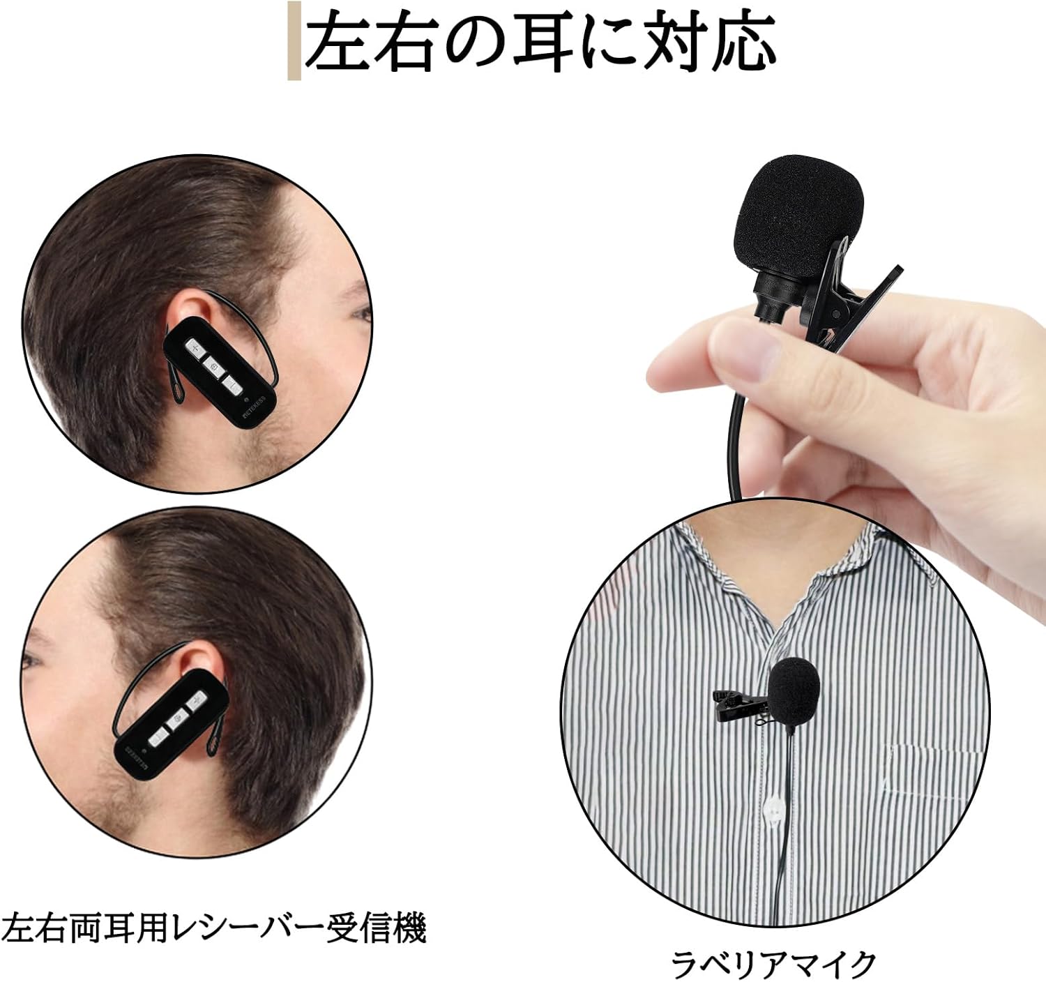 Image showing the ear-hook receiver worn on both left and right ears, and a close-up of the lavalier microphone.