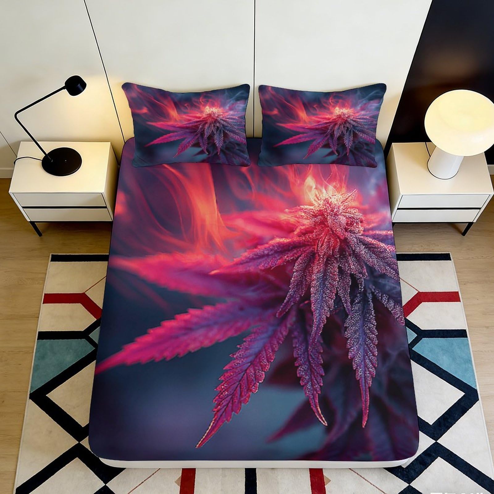 3D Printed Purple Cannabis Leaf Fitted Sheet Microfiber Soft Non-Slip Red Smoke Mattress Cover for Bedroom Dorm Home Decor 120x200cm 160x200x25cm