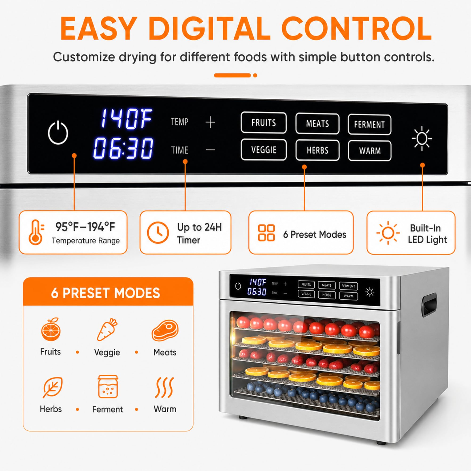 Deshidratador de alimentos de acero inoxidable con puerta de vidrio, 6 bandejas (120 V, 500 W)