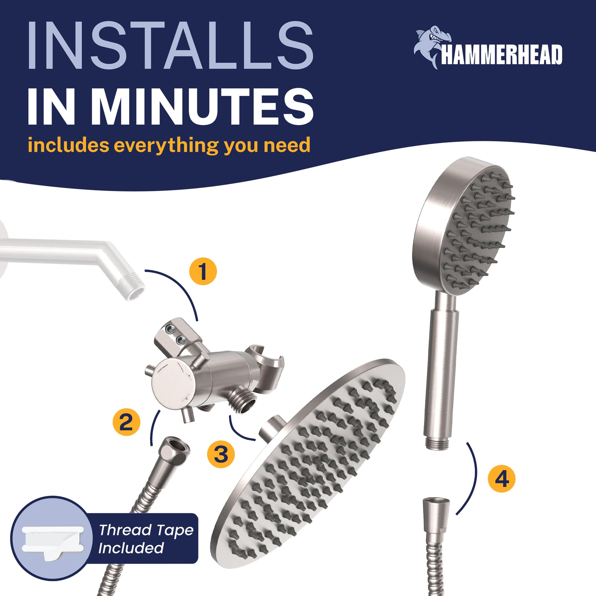 HammerHead Showers® ALL METAL Podwójna głowica prysznicowa Combo – szczotkowany nikiel – 20 cm deszczownica o wysokim przepływie i ręczna głowica prysznicowa wysokie ciśnienie z wężem 1,8 m – podwójne