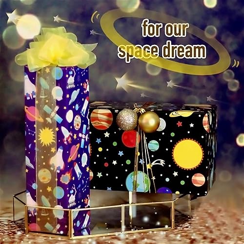 Miniatura 5 de PLULON 6 hojas de papel de regalo de cumpleaños, diseño del espacio exterior para niños, regalo de fiesta de cumpleaños y baby shower