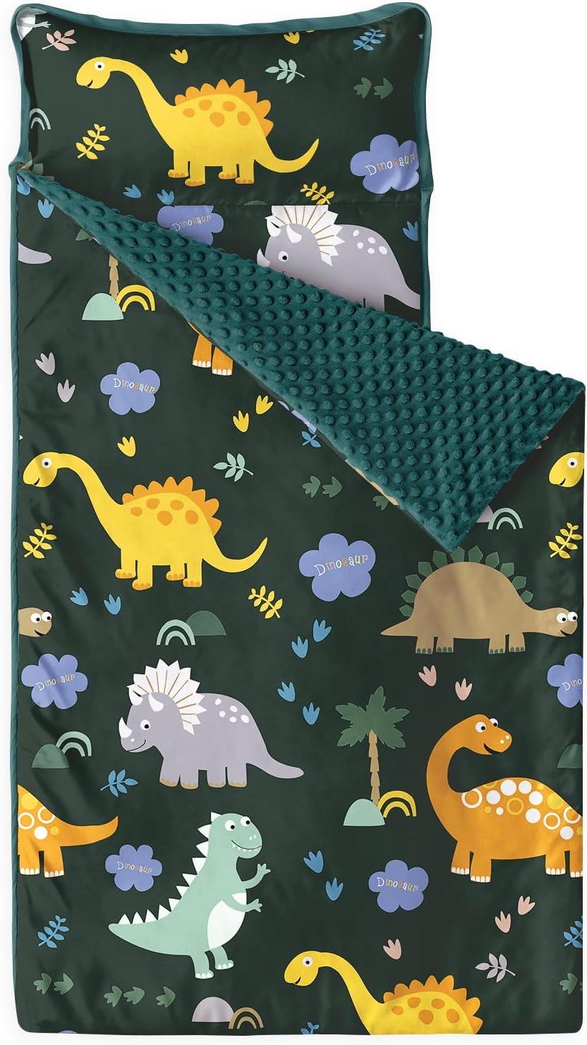 Wake In Cloud - Toddler Nap Mat with Pillow and Minky Fleece Blanket, for Kids Boys in Daycare Preschool Kindergarten, Roll Up Sleeping Bag, Cartoon Jurassic Dinosaur