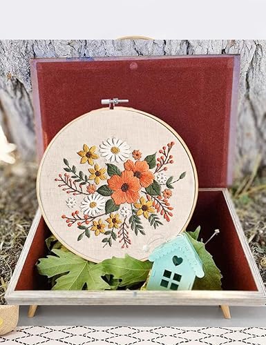 Miniatura 6 de Kit completo de iniciación de bordado con patrón de bricolaje para principiantes, incluye tela estampada con patrón, aro de bordado de bambú, hilos