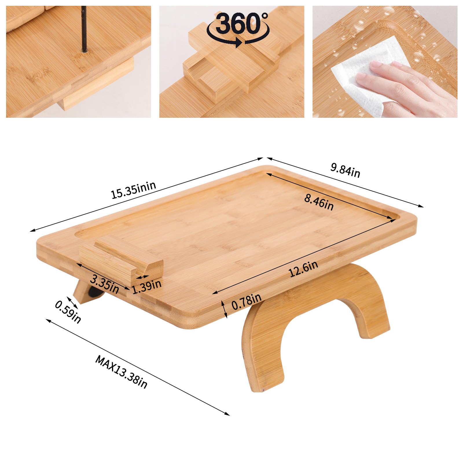 Couch Arm Tray,Bamboo Folding Sofa Tray,Sofa Armrest Trays Clip-On Couch Desk with 360° Rotating Phone Holder – Fits Most Couch Sizes