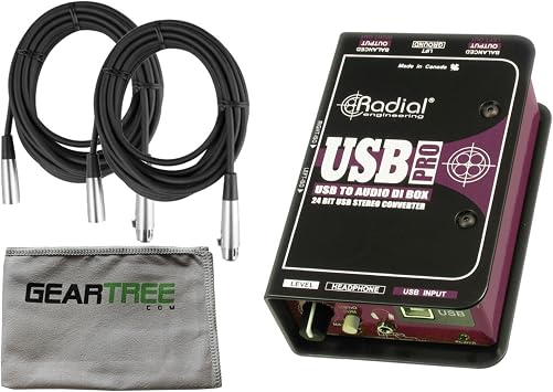 Radial USB-Pro 2 Channel Active Stereo USB Laptop DI Instrument Direct Box with Senor 20 XLR Microphone Cable Pair and Zorro Cloth