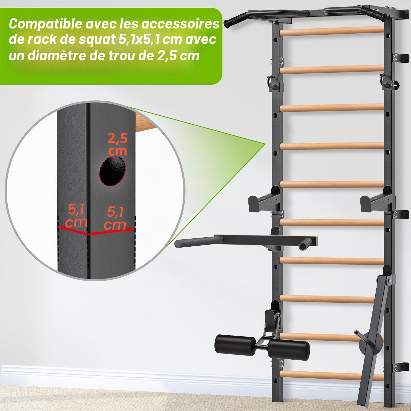 Kipika Barre de stalle de gymnastique – Échelle suédoise de 5,1 x 5,1 cm avec trou de 2,5 cm, échelle barre de traction murale suspendue d'entraînement, poignées en bois massif, barre d'entraînement
