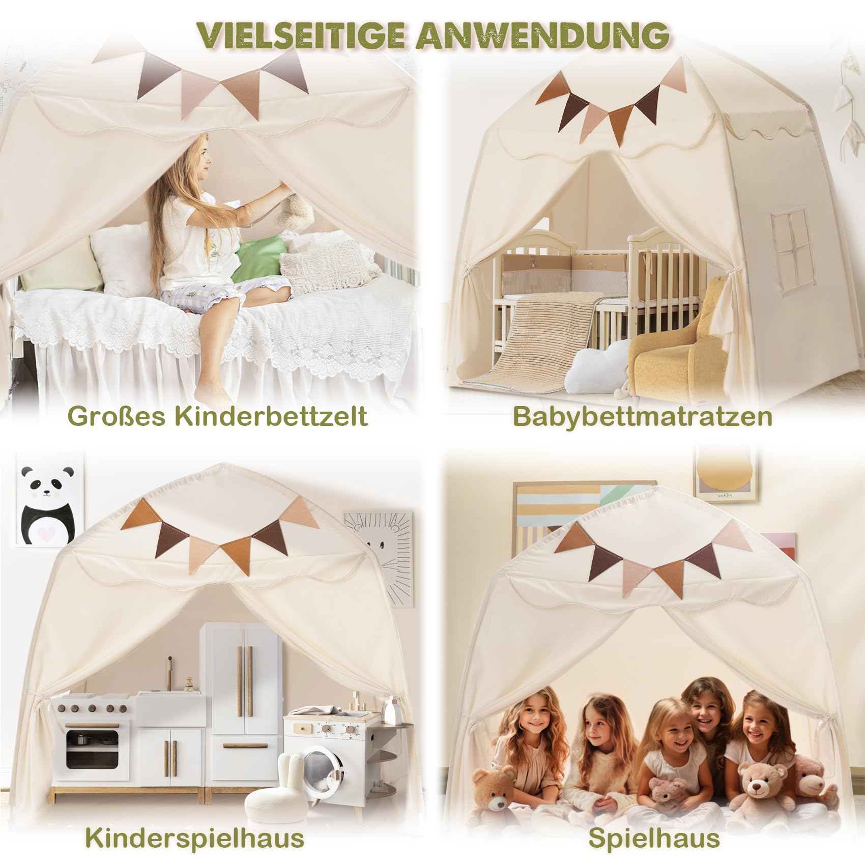 Mallify Kinderzelt Indoor, Spielzelt mit Lichtern, 150 x 100 x 150 cm Tipi Zelt Kinderzimmer (Creme)