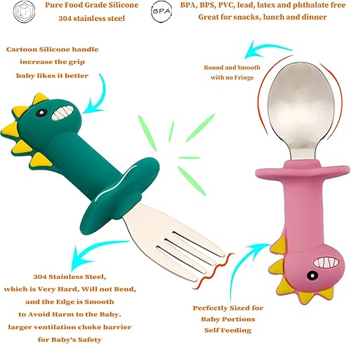 Miniatura 2 de Utensilios para niños, juegos de tenedores y cucharas para bebés, cubiertos para niños con mango de silicona, cucharas de dinosaurio para niños
