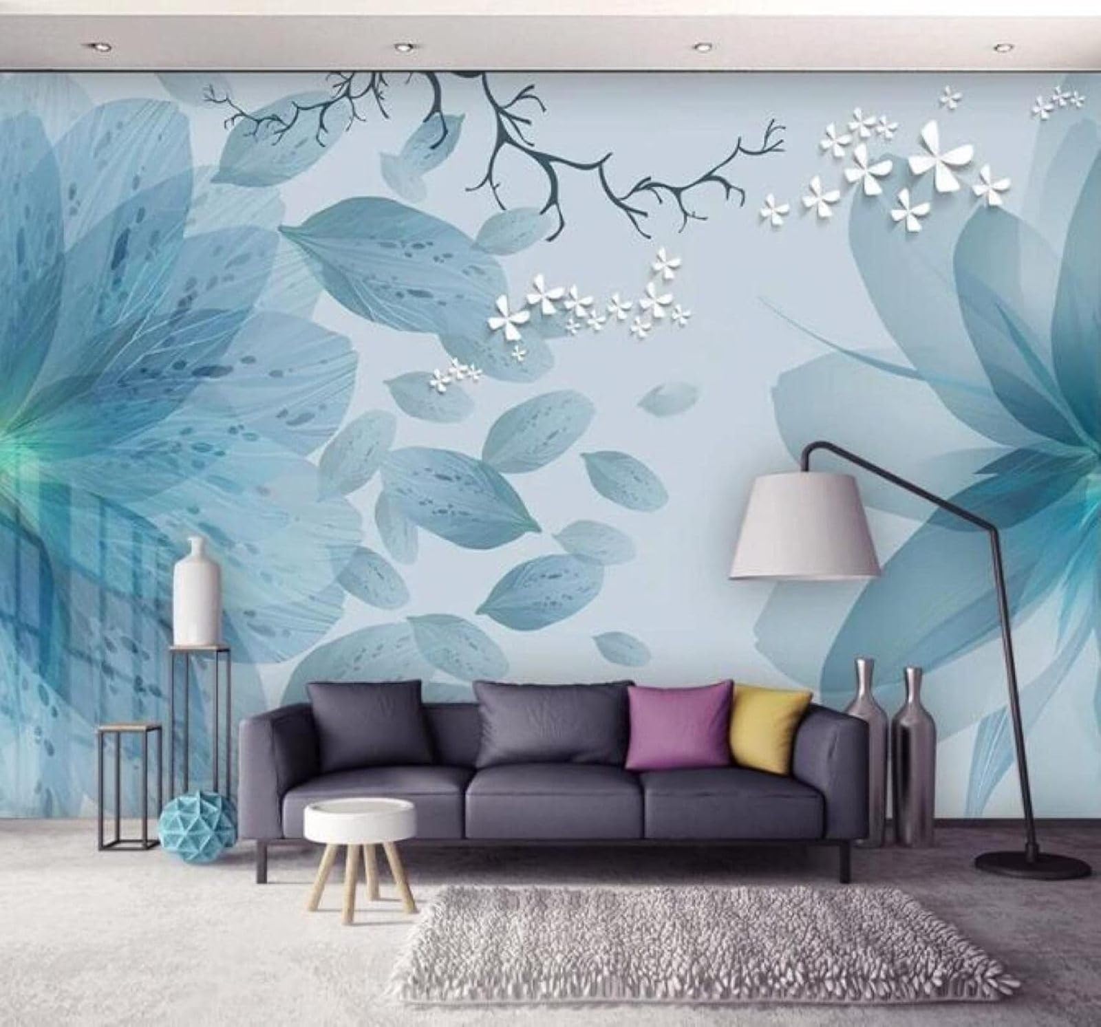 Papier Peint 3D Frais Aquarelle Bleu Fleurs Papillons