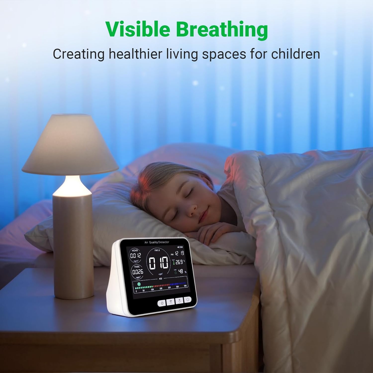 14 in 1 Air Quality Monitor Indoor with Beep Alarm, 6 AQI Air Quality Detector with PM1.0|PM2.5|PM10|HCHO|TVOC|AQI|Temperature|Humidity|Time for Home, Hotel, Office, Car, Battery Powered Air Monitor