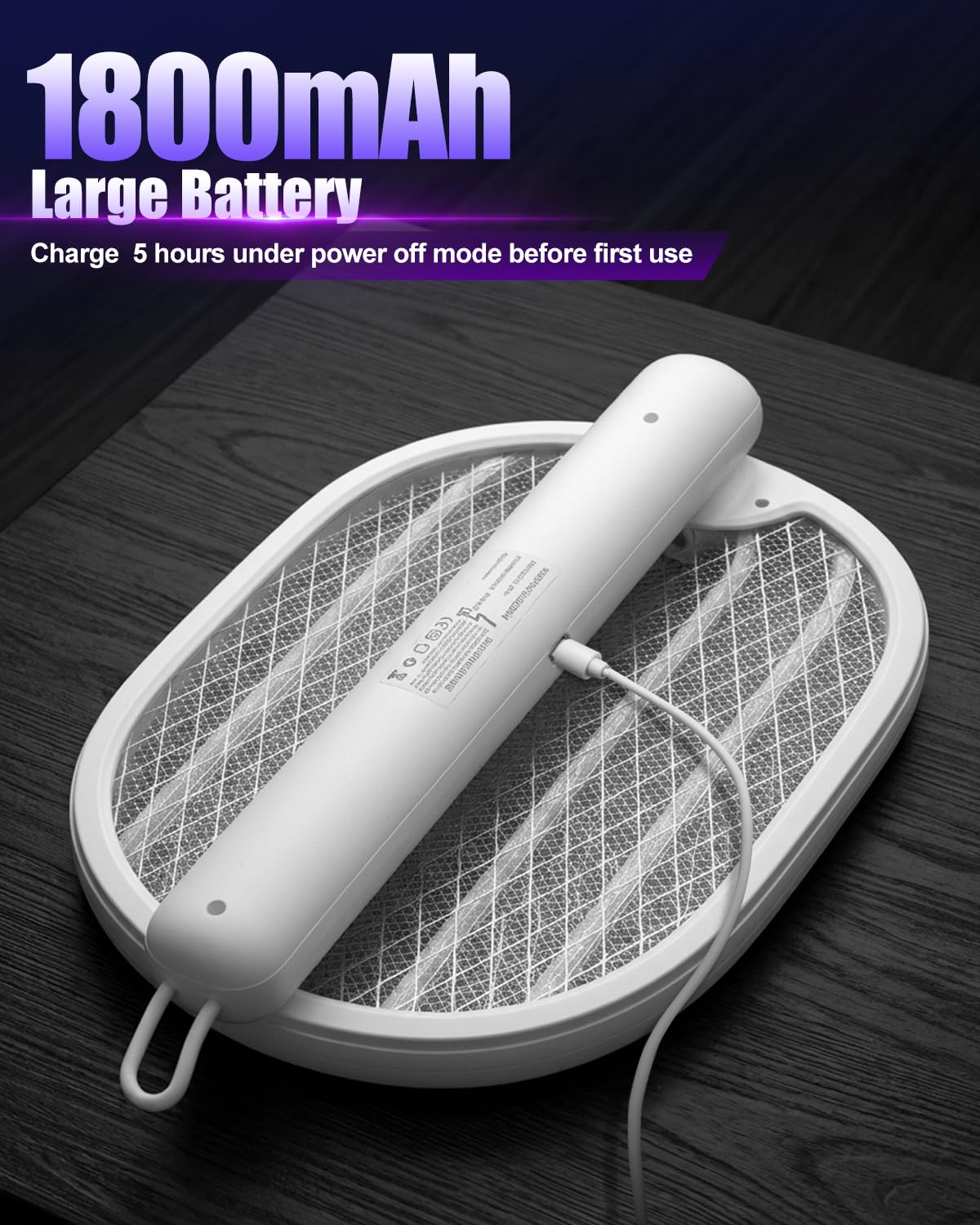 Fly Zapper, Foldable Electric Mosquito Swatter 4000V, 1800mAh Rechargeable Bug Zapper Racket with Auto & Manual Mode, 180° Portable Mosquito Killer, Safe 3-Layer Mesh for Indoor & Outdoor Use — view 5