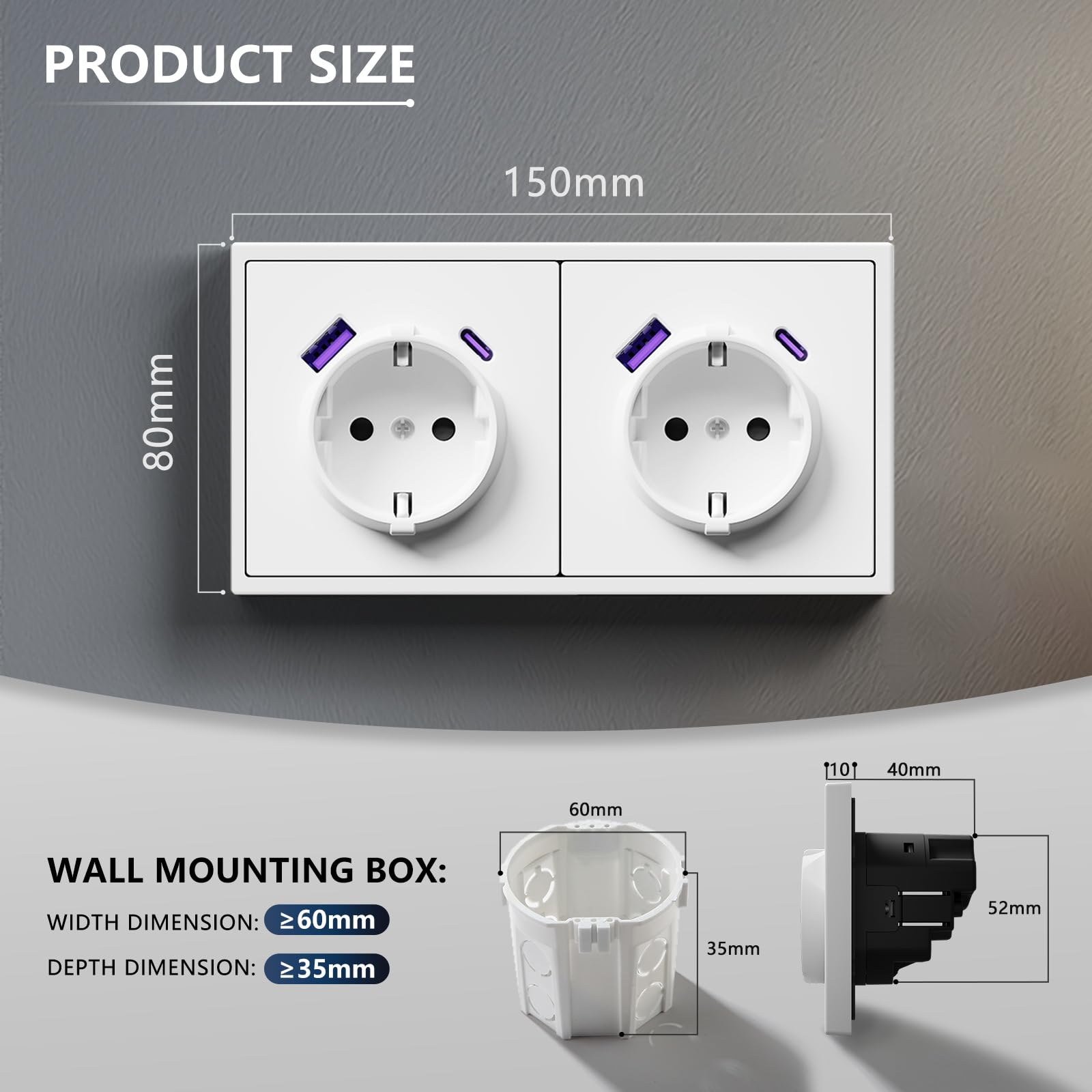 BSEED Schuko Doppelsteckdose Unterputz mit USB C 20W, Wandsteckdose 16Amp mit PC Rahmen, Zweifach Steckdose mit Krallen, 2 Fach Weiß-2 Pack