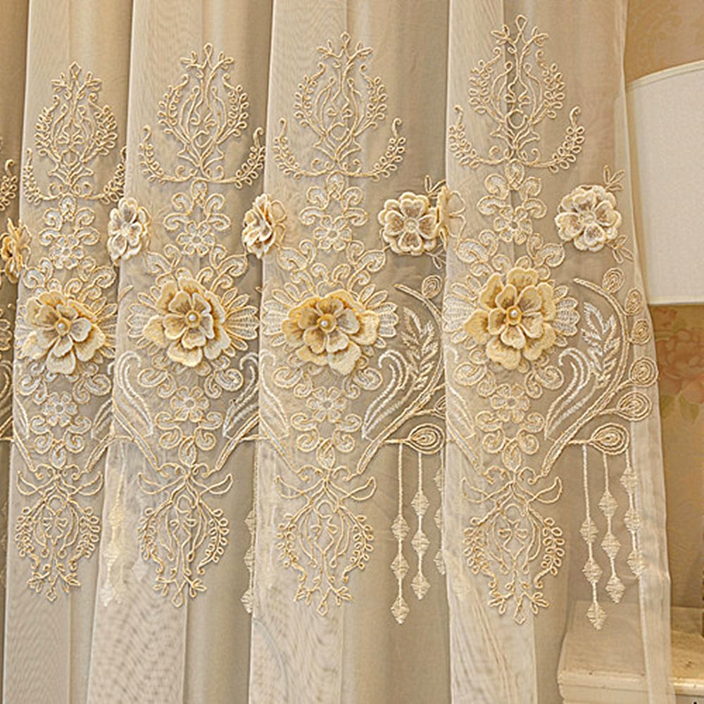 Amidoudou 1 paire de rideaux européens double couche pour salon, chambre à coucher, motif floral 3D brodé double couche avec cantonnière (kaki, 167 x 213 cm)