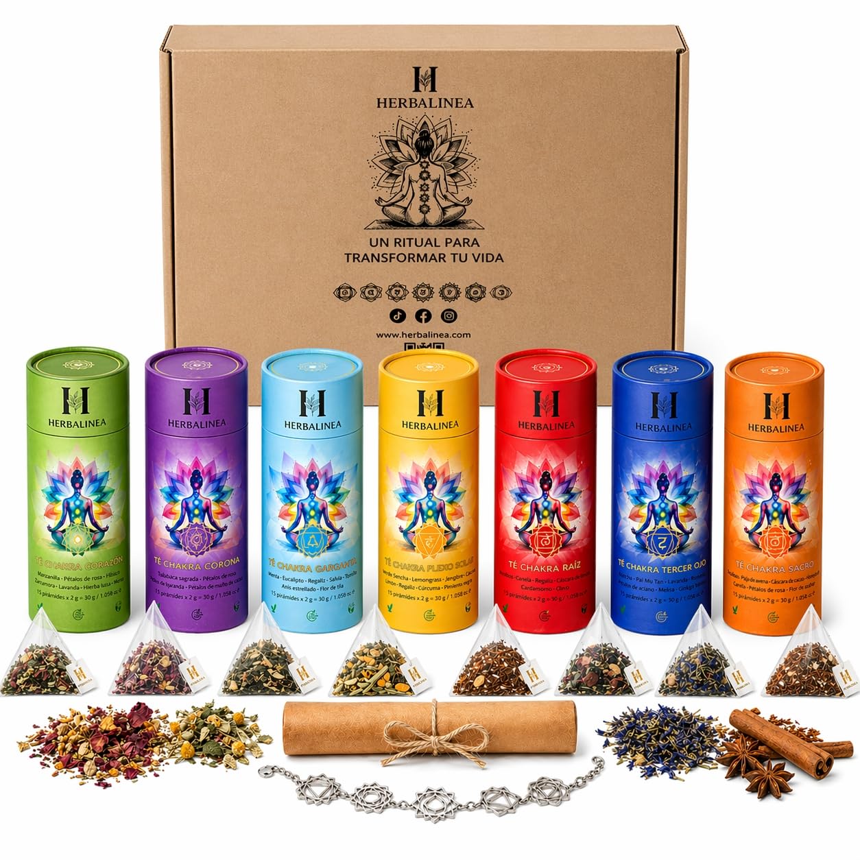 HERBALINEA Ritual Completo 7 Chakras – Pack Premium 7 Infusiones Ecológicas en Pirámides (15 por Chakra) | Incluye Pulsera y Pergamino Ritual | Bienestar Espiritual y Regalo Original