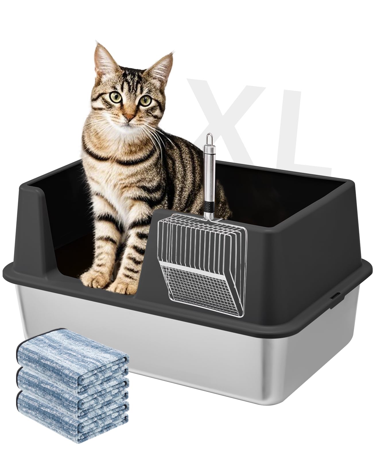 Stainless Steel Litter Box with Lid, 23.5" L x 15.8" W x 12.6" H, XL Metal Cat Box for Big Cats, High Sided Kitty Litter Box with Scoop & Pee Pads, Non-Sticky, Anti-Leakage, Easy to Clean (Black)