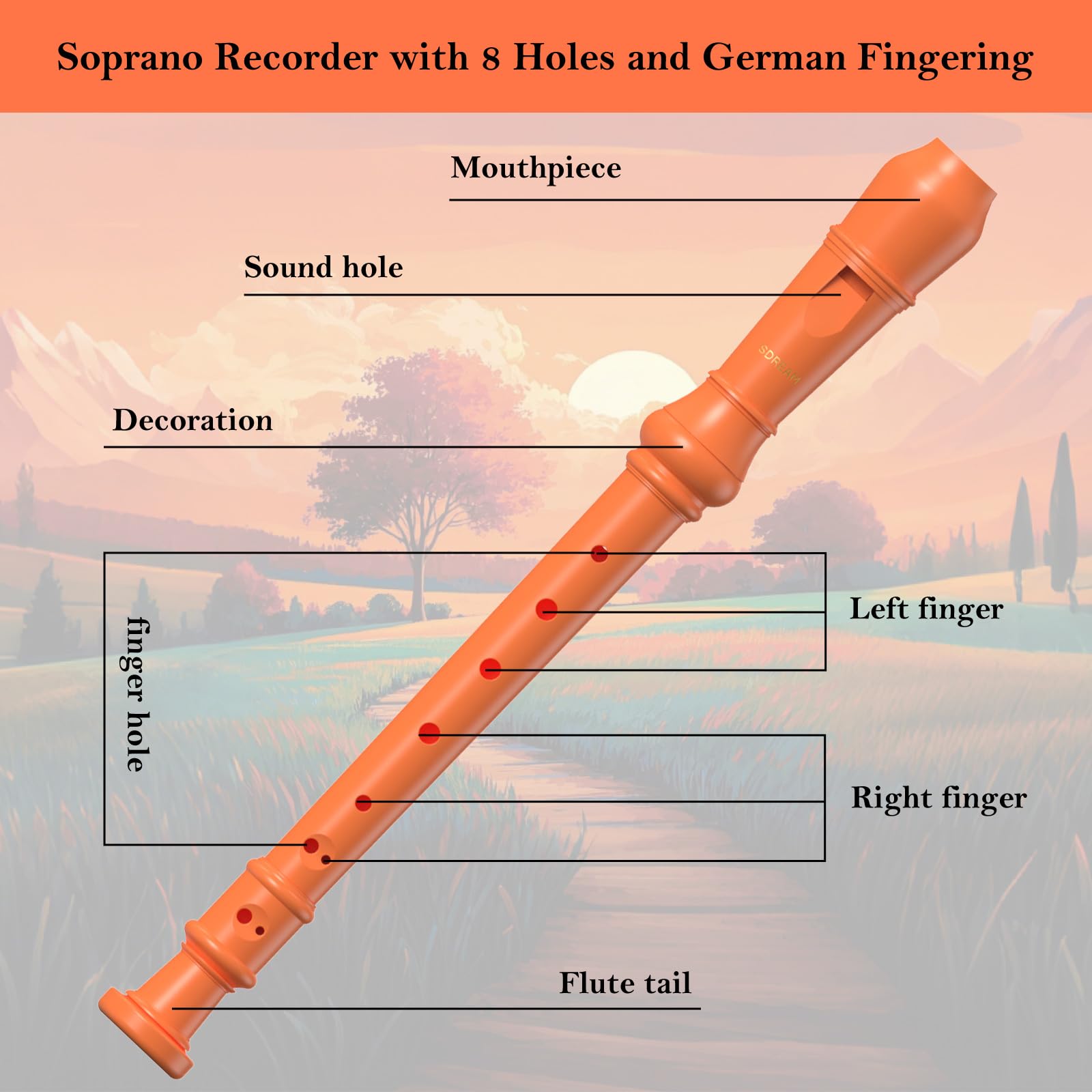 SDREAM Sopran-Blockflöteninstrument für Anfänger und Schüler, mit Reinigungsstab und Ledertasche, Orange