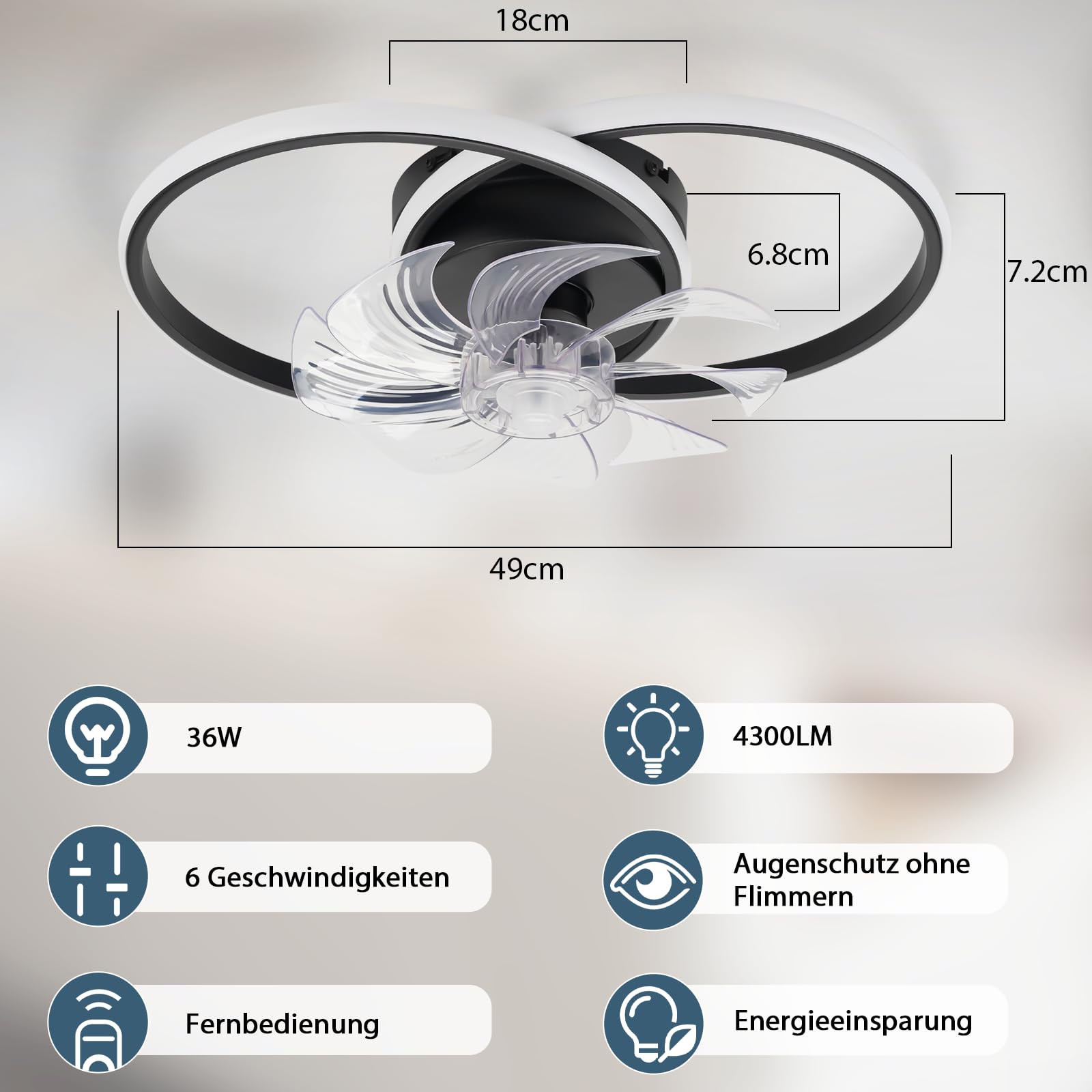 Homefire LED Deckenventilator Mit Beleuchtung 36W Schwarz Leise Deckenlampe Mit Ventilator Fernbedienung 3 Farbtemperatur 6-Gang