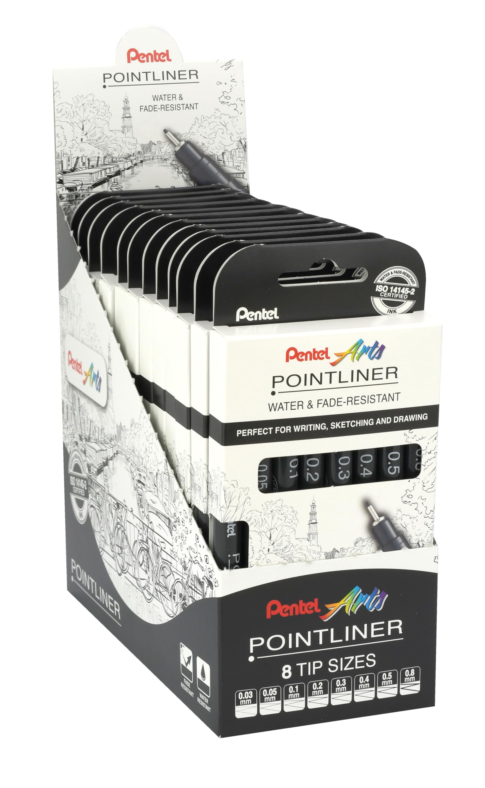 Pentel Pointliner YS20P-8, 8er Set Fineliner, schwarz, wasserfest und lichtecht, 0,03-0,8 mm, VE=12 Sets