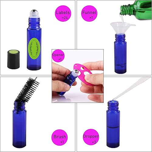 Miniatura 4 de inice Paquete de 24 botellas enrollables de 0.3 fl oz para aceites esenciales, vidrio azul cobalto, botellas de bola enrollables de acero inoxidable