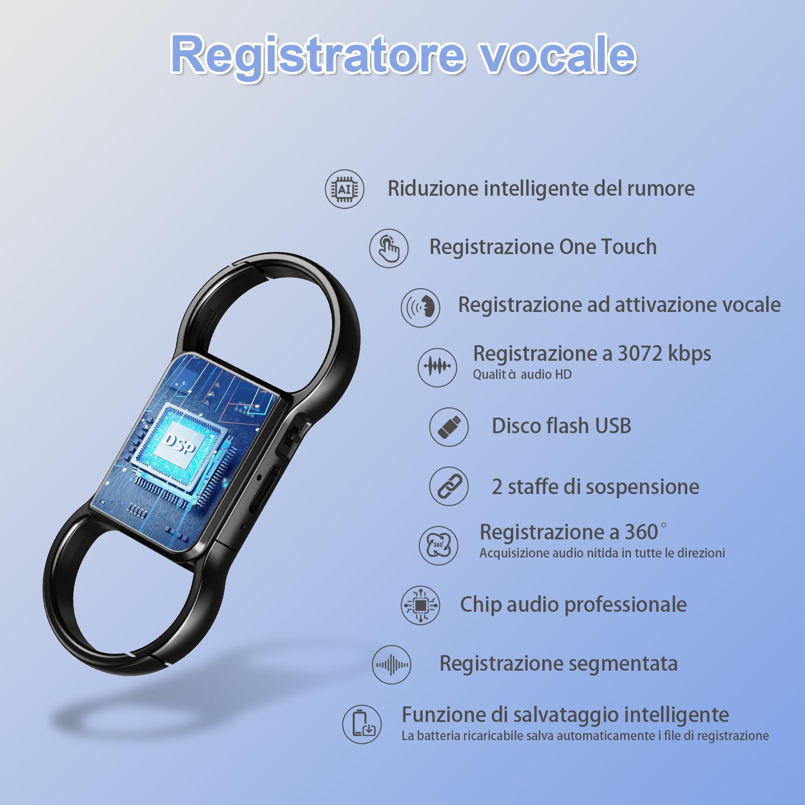 Registratore Vocale 3072 Kbps Registratore Vocale Spia e Funzioni Attivazione Vocale, Mini Registratore Vocale Spia, micro dispositivi di registrazione digitale, Ricaricabile USB registratore audio