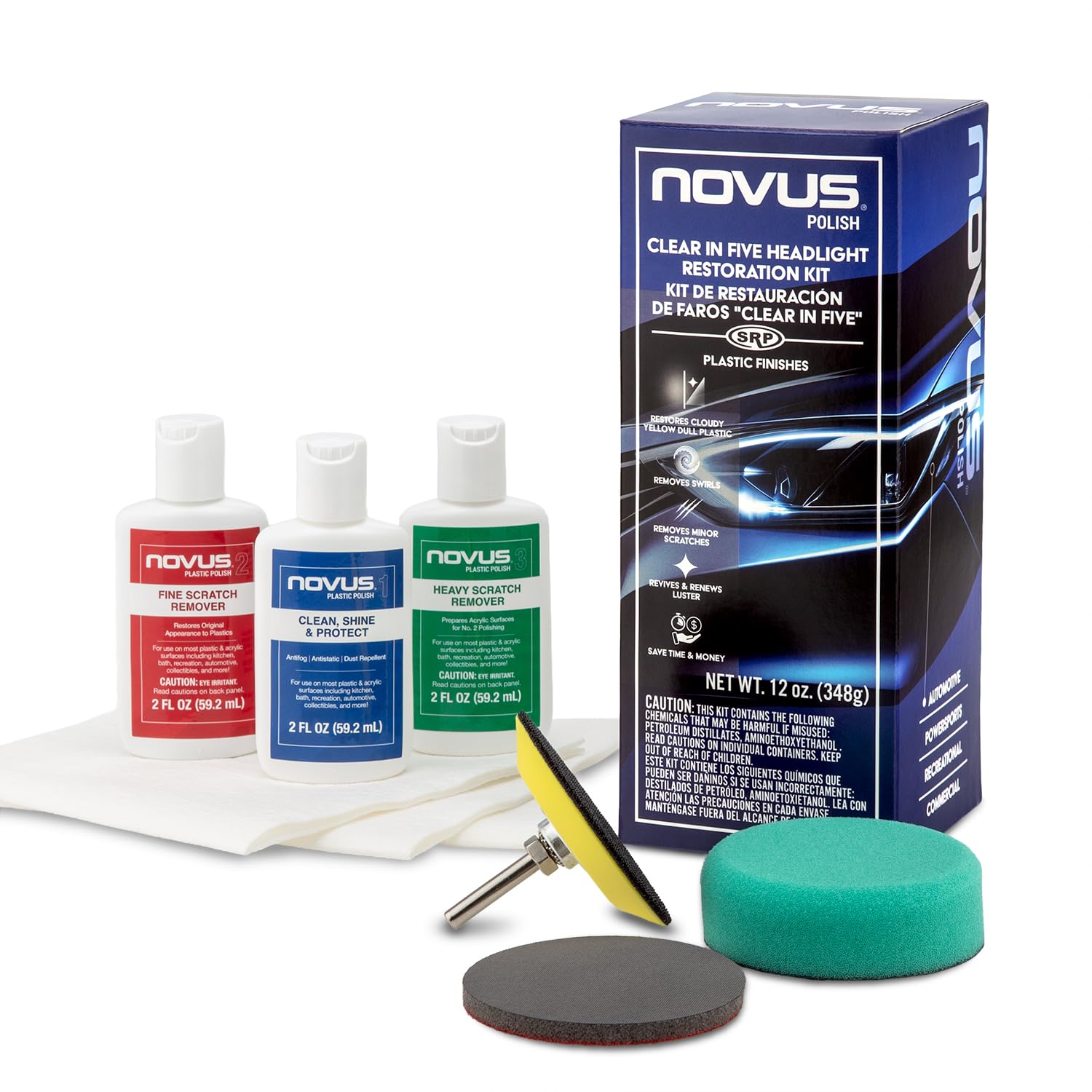 NOVUS Clear in Five Headlight Restoration Kit, Restoration for Car Headlights, 2 Ounce 1, 2, and #3 Bottles, Buffing Pad, Backing Pad Drill Attachment, 1,000 Grit Sanding Disk, 3 Polish Mates-picture-34