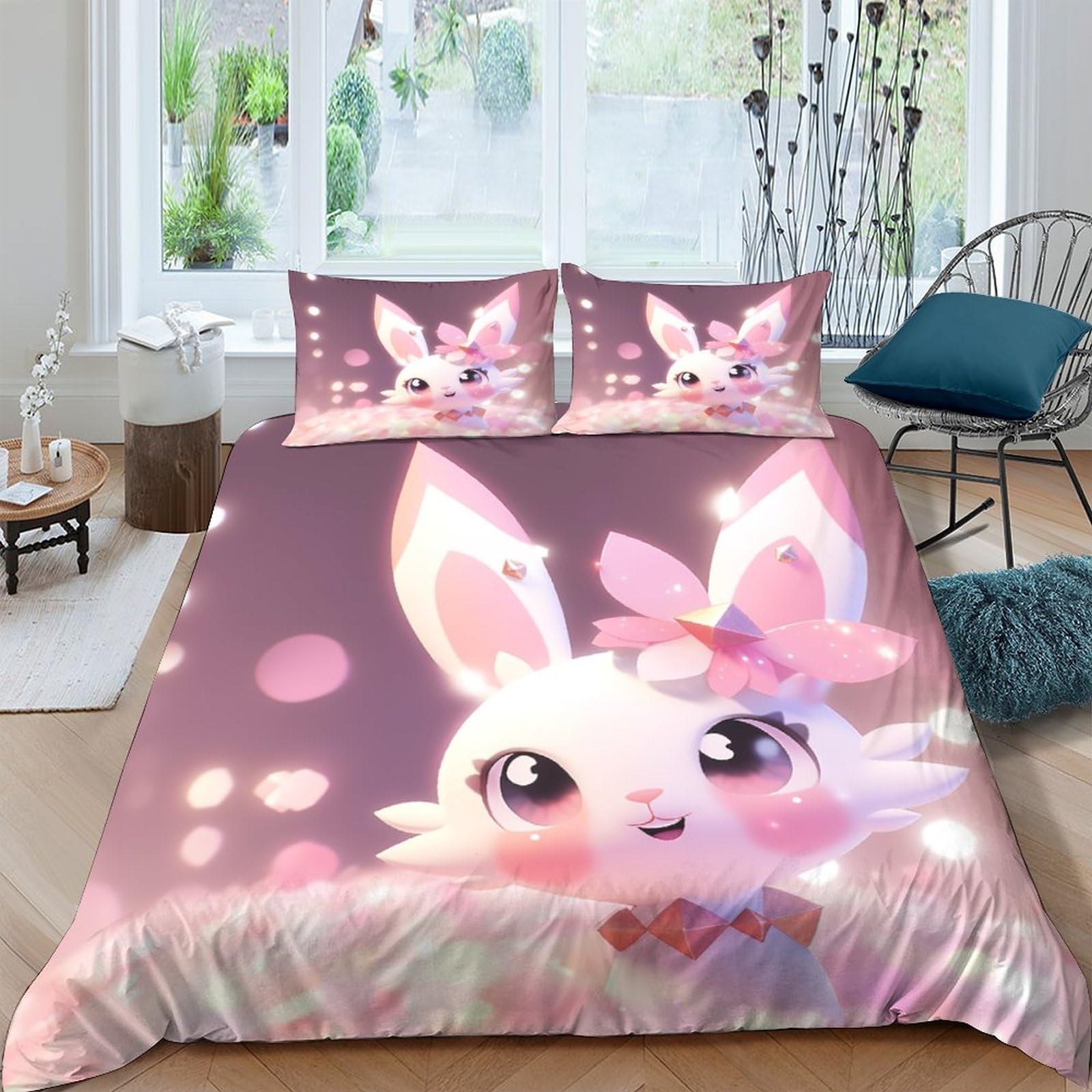 Housse de couette lapin rose 3 pièces 220x240cm mignon coton microfibre IOFEER